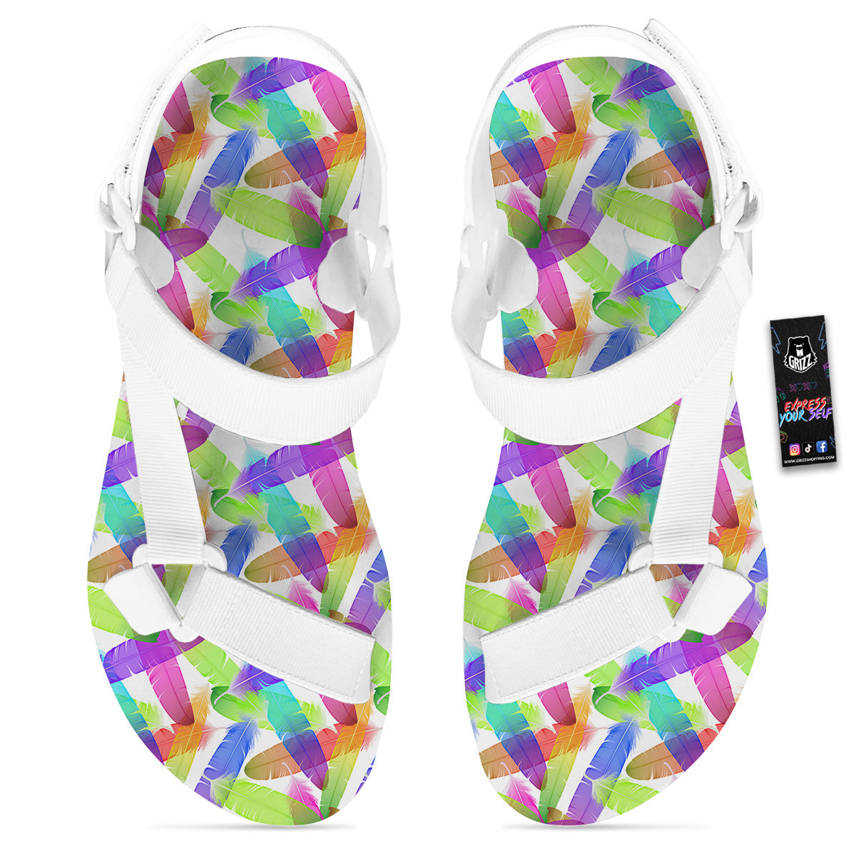 Rainbow Color Feather Print Pattern White Open Toe Sandals-grizzshop