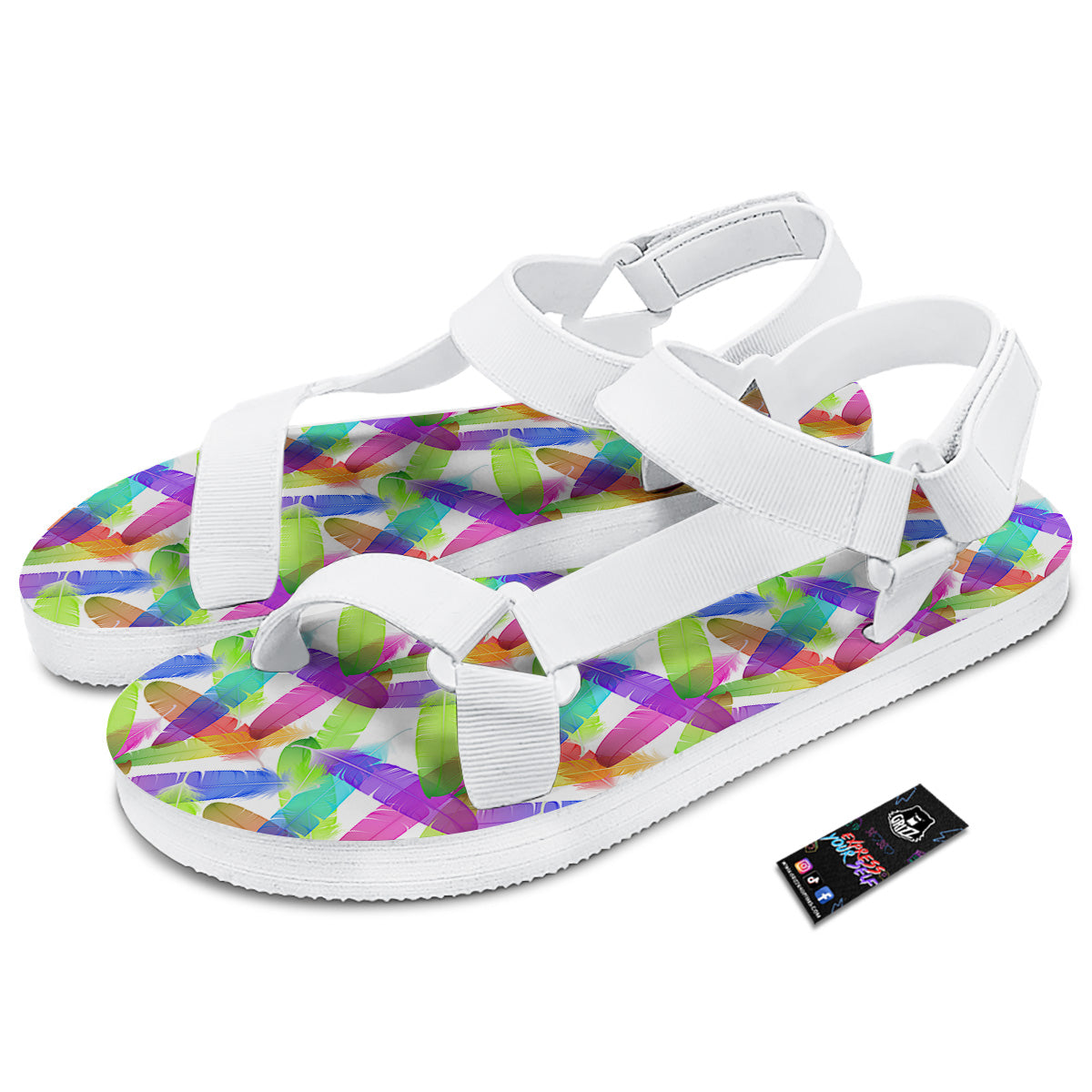 Rainbow Color Feather Print Pattern White Open Toe Sandals-grizzshop