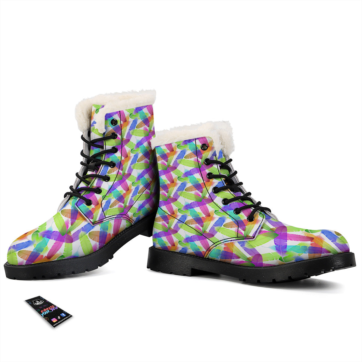 Rainbow Color Feather Print Pattern Winter Boots-grizzshop