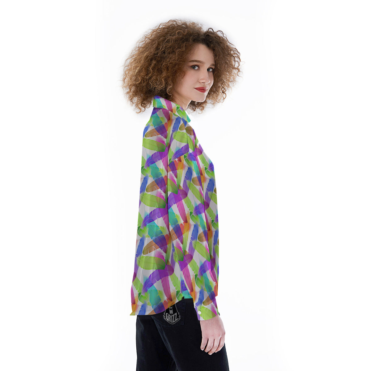 Rainbow Color Feather Print Pattern Women's Long Sleeve Shirts-grizzshop