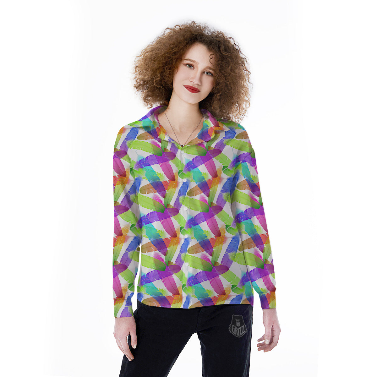 Rainbow Color Feather Print Pattern Women's Long Sleeve Shirts-grizzshop