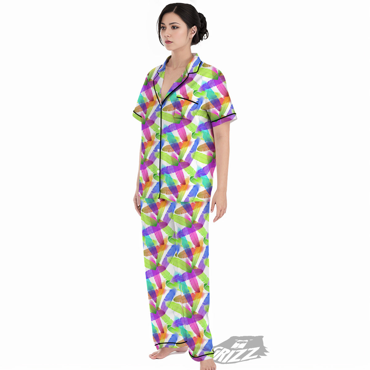 Rainbow Color Feather Print Pattern Women's Pajamas Set-grizzshop