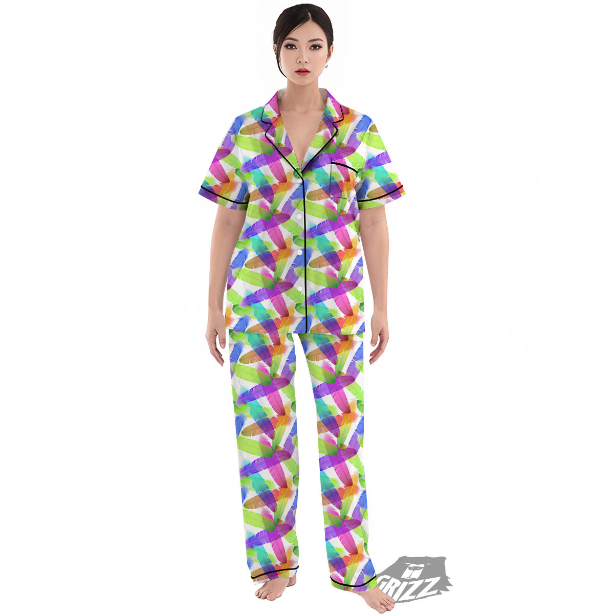 Rainbow Color Feather Print Pattern Women's Pajamas Set-grizzshop
