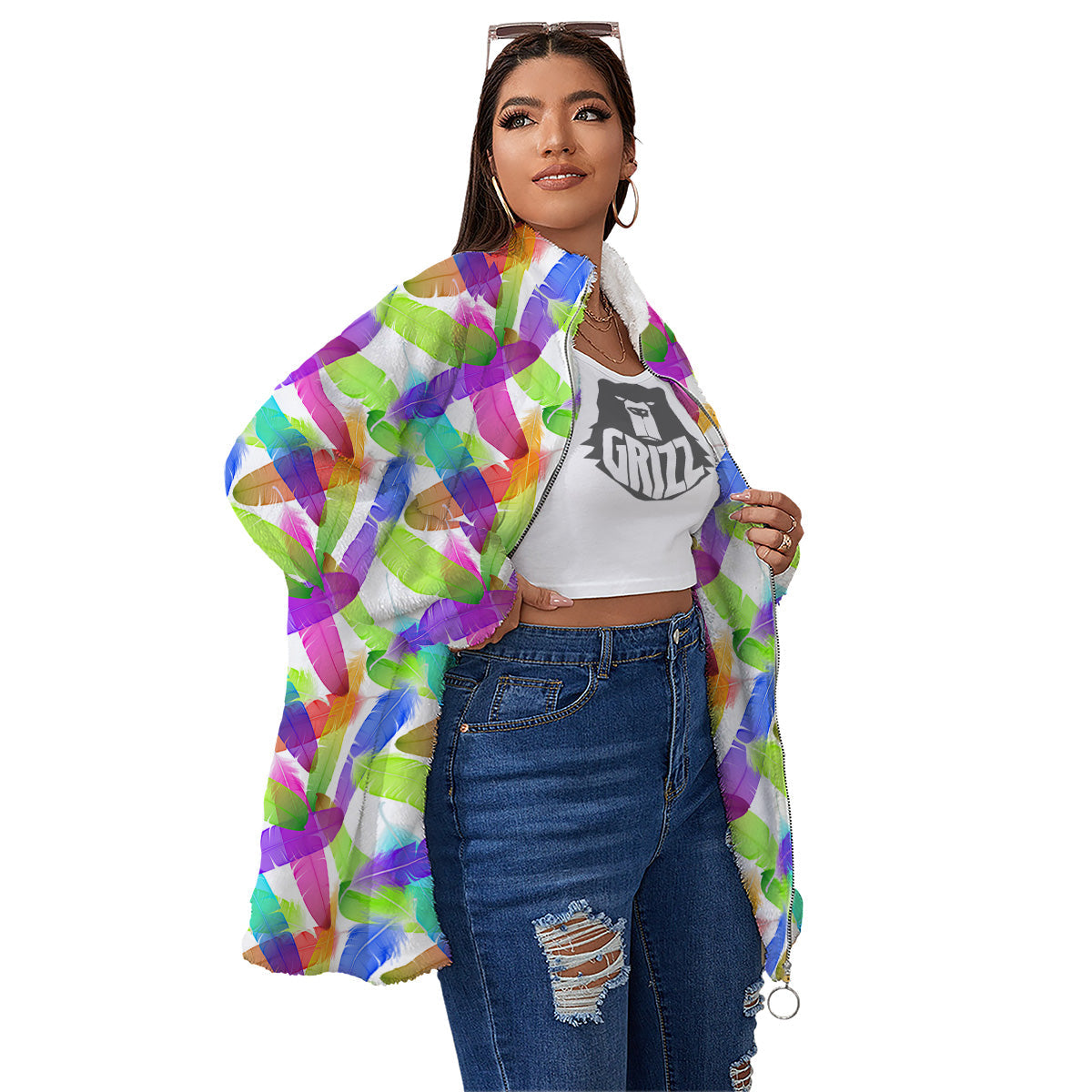 Rainbow Color Feather Print Pattern Women's Sherpa Jacket-grizzshop
