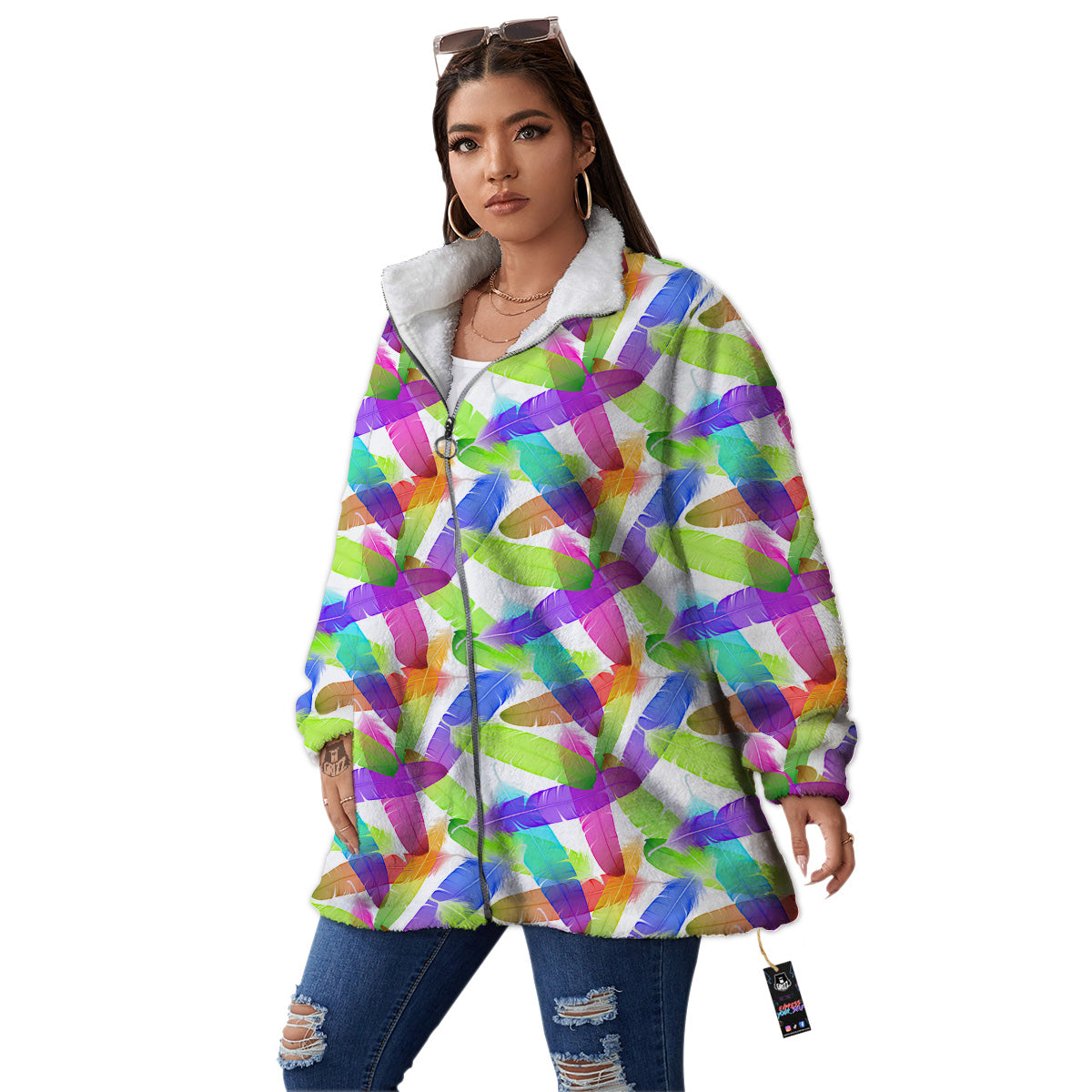 Rainbow Color Feather Print Pattern Women's Sherpa Jacket-grizzshop
