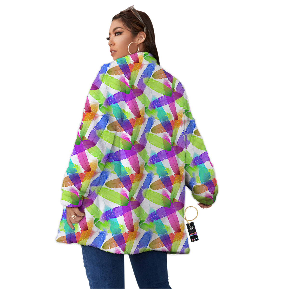 Rainbow Color Feather Print Pattern Women's Sherpa Jacket-grizzshop