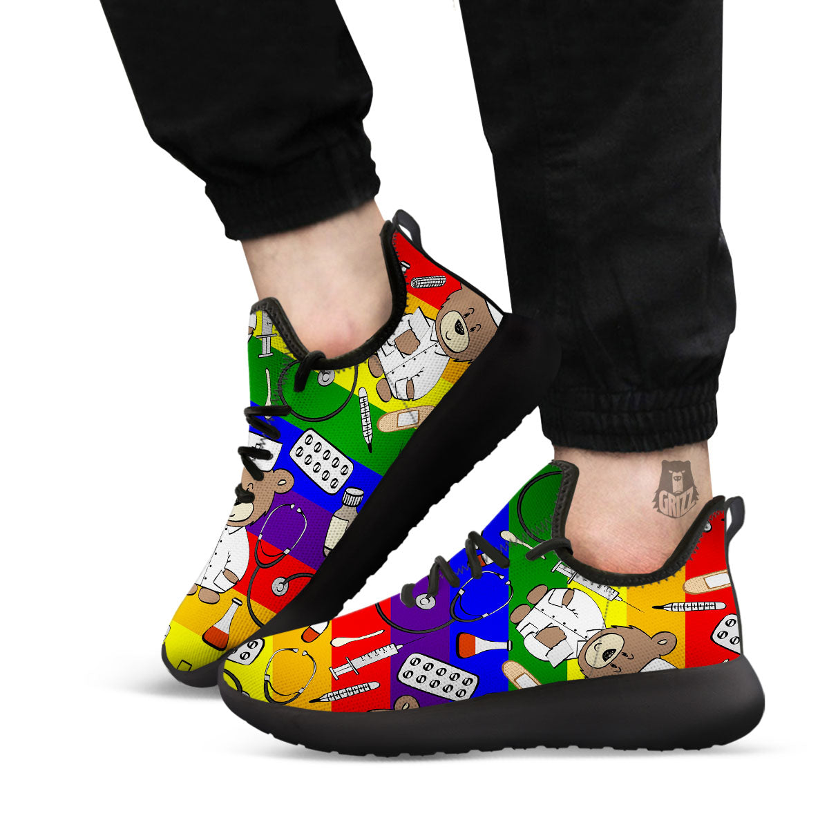 Rainbow Color LGBT Teddy Bear Nurse Black Athletic Shoes-grizzshop