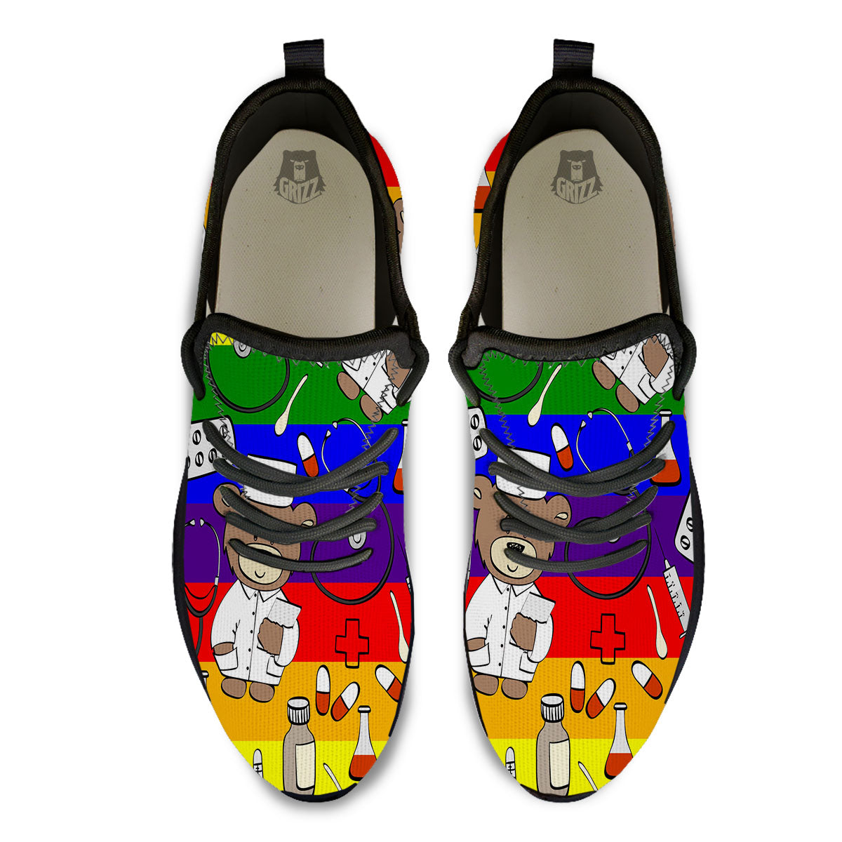 Rainbow Color LGBT Teddy Bear Nurse Black Athletic Shoes-grizzshop