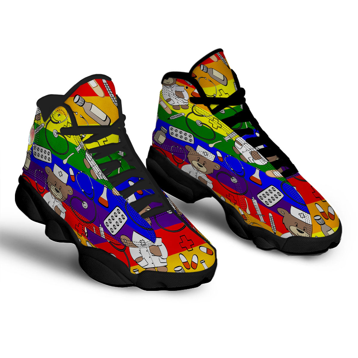 Rainbow Color LGBT Teddy Bear Nurse Black Basketball Shoes-grizzshop