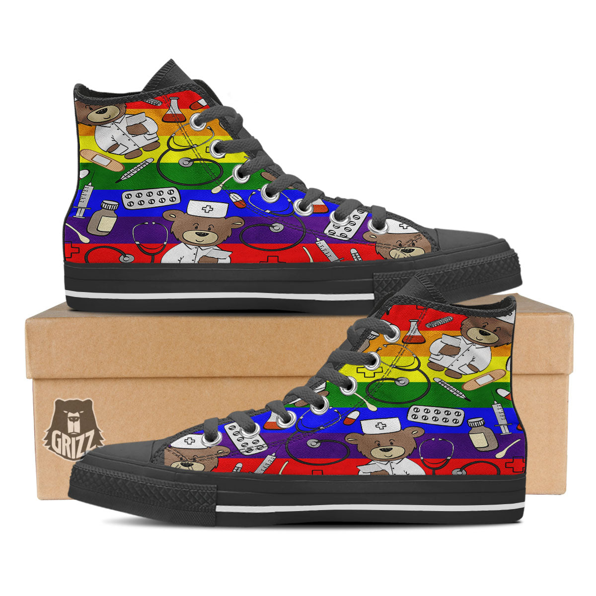 Rainbow Color LGBT Teddy Bear Nurse Black High Top Shoes-grizzshop