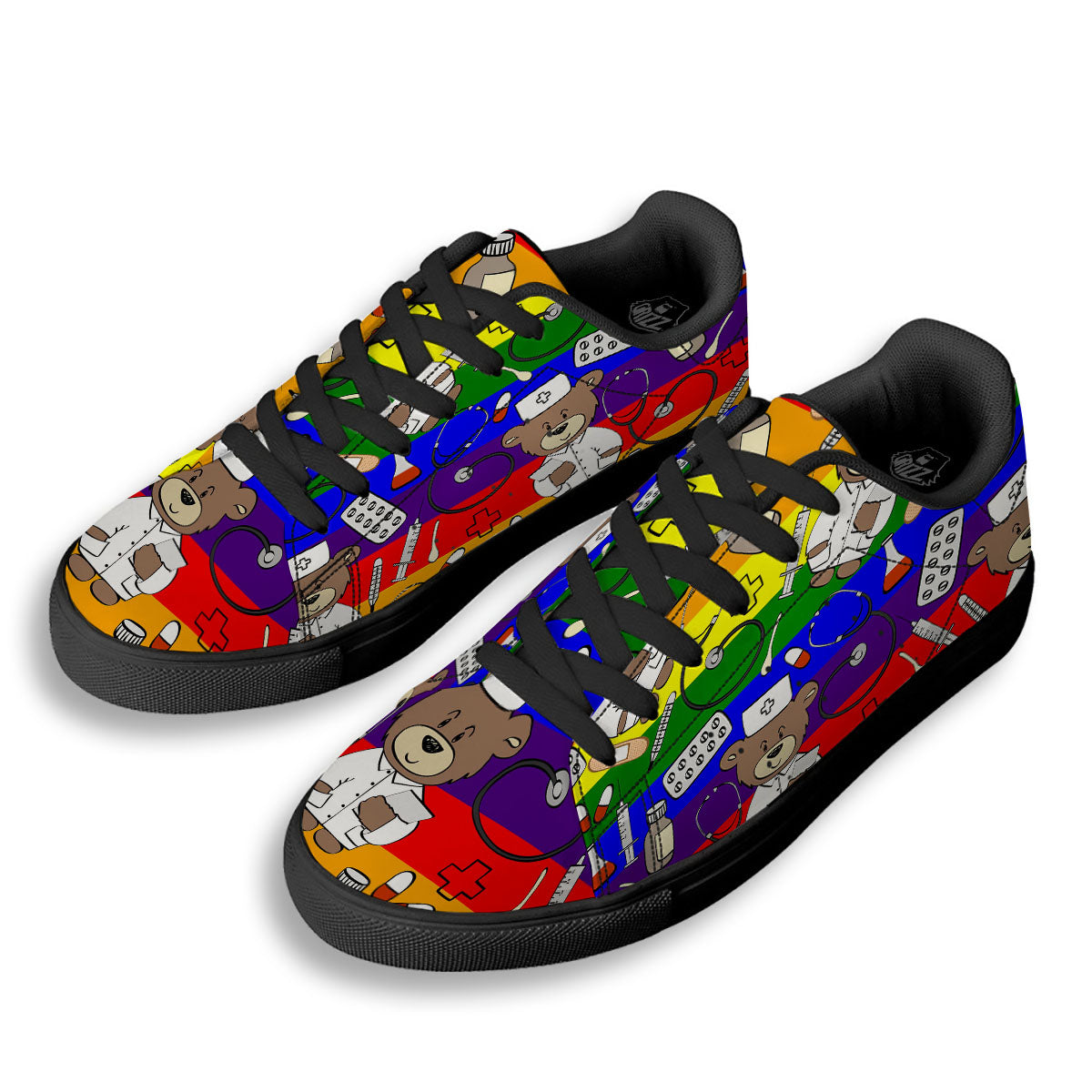 Rainbow Color LGBT Teddy Bear Nurse Black Low Top Sneakers-grizzshop