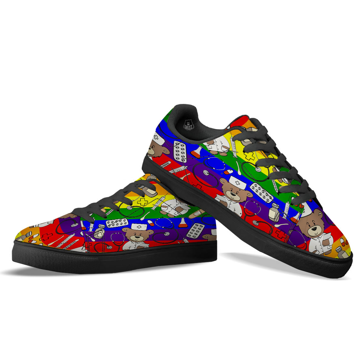 Rainbow Color LGBT Teddy Bear Nurse Black Low Top Sneakers-grizzshop