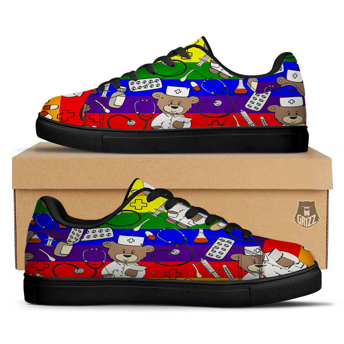 Rainbow Color LGBT Teddy Bear Nurse Black Low Top Sneakers-grizzshop