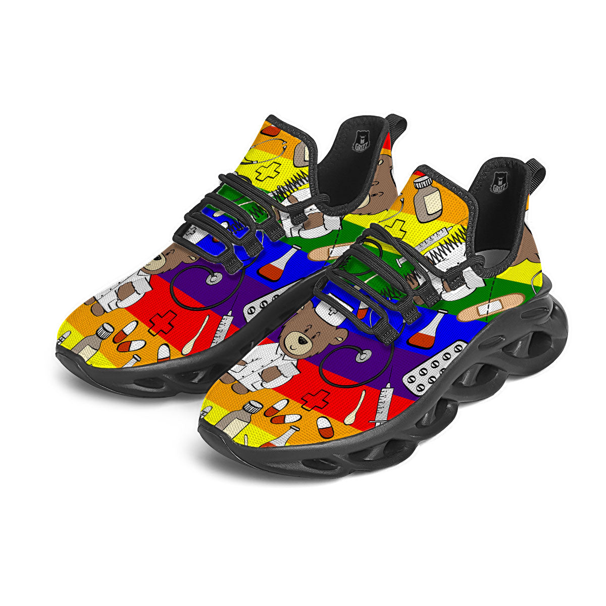 Rainbow Color LGBT Teddy Bear Nurse Black Running Shoes-grizzshop