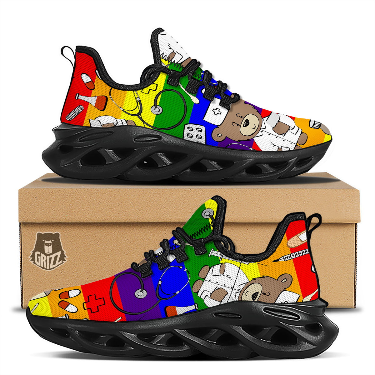 Rainbow Color LGBT Teddy Bear Nurse Black Running Shoes-grizzshop