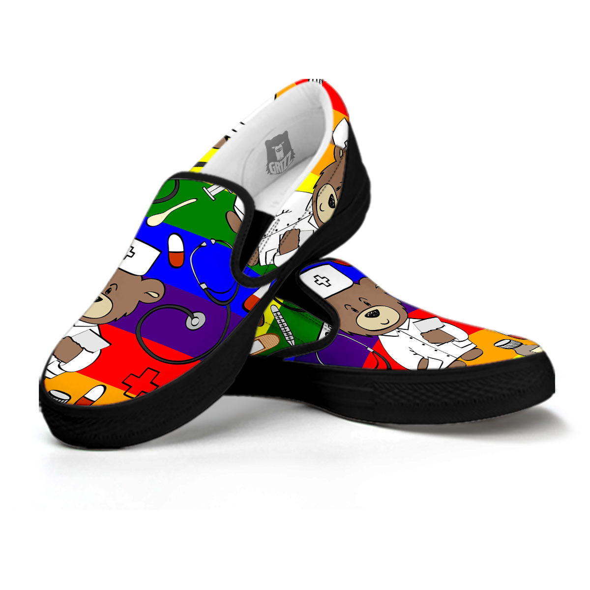 Rainbow Color LGBT Teddy Bear Nurse Black Slip On Shoes-grizzshop