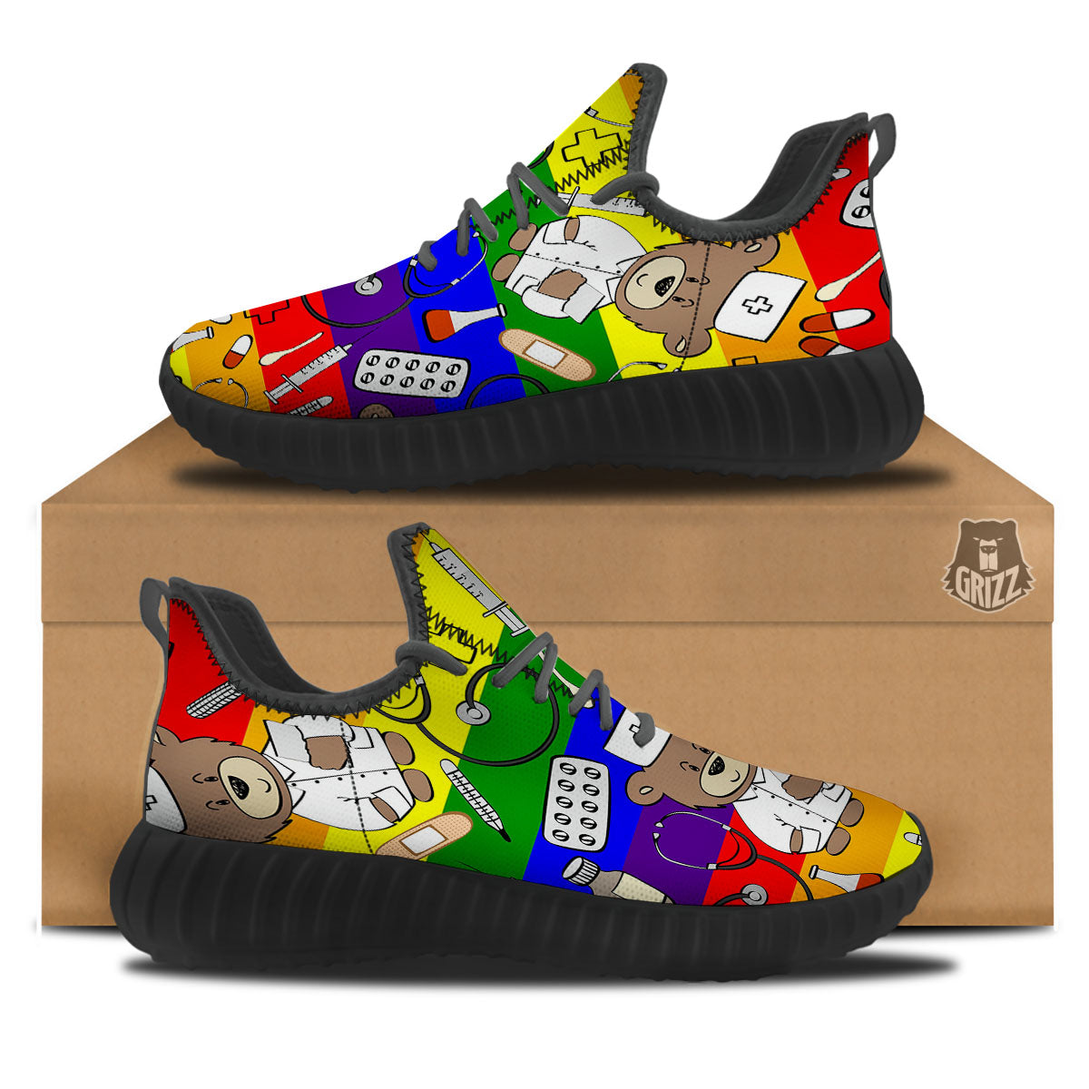 Rainbow Color LGBT Teddy Bear Nurse Black Walking Shoes-grizzshop