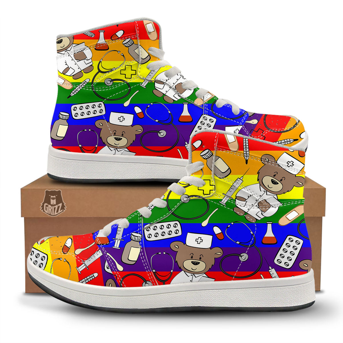 Rainbow Color LGBT Teddy Bear Nurse High Top Sneakers-grizzshop