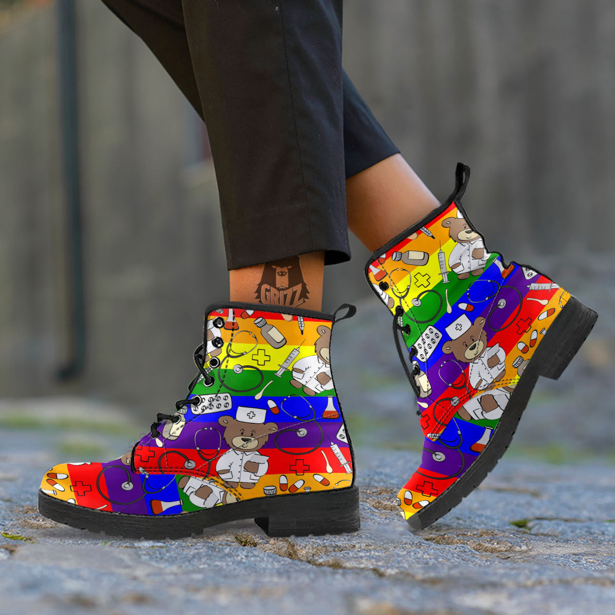 Rainbow Color LGBT Teddy Bear Nurse Leather Boots-grizzshop