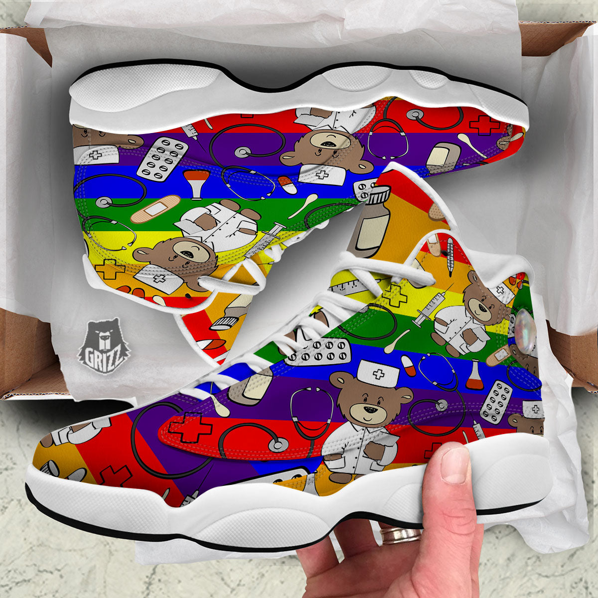 Rainbow Color LGBT Teddy Bear Nurse White Basketball Shoes-grizzshop