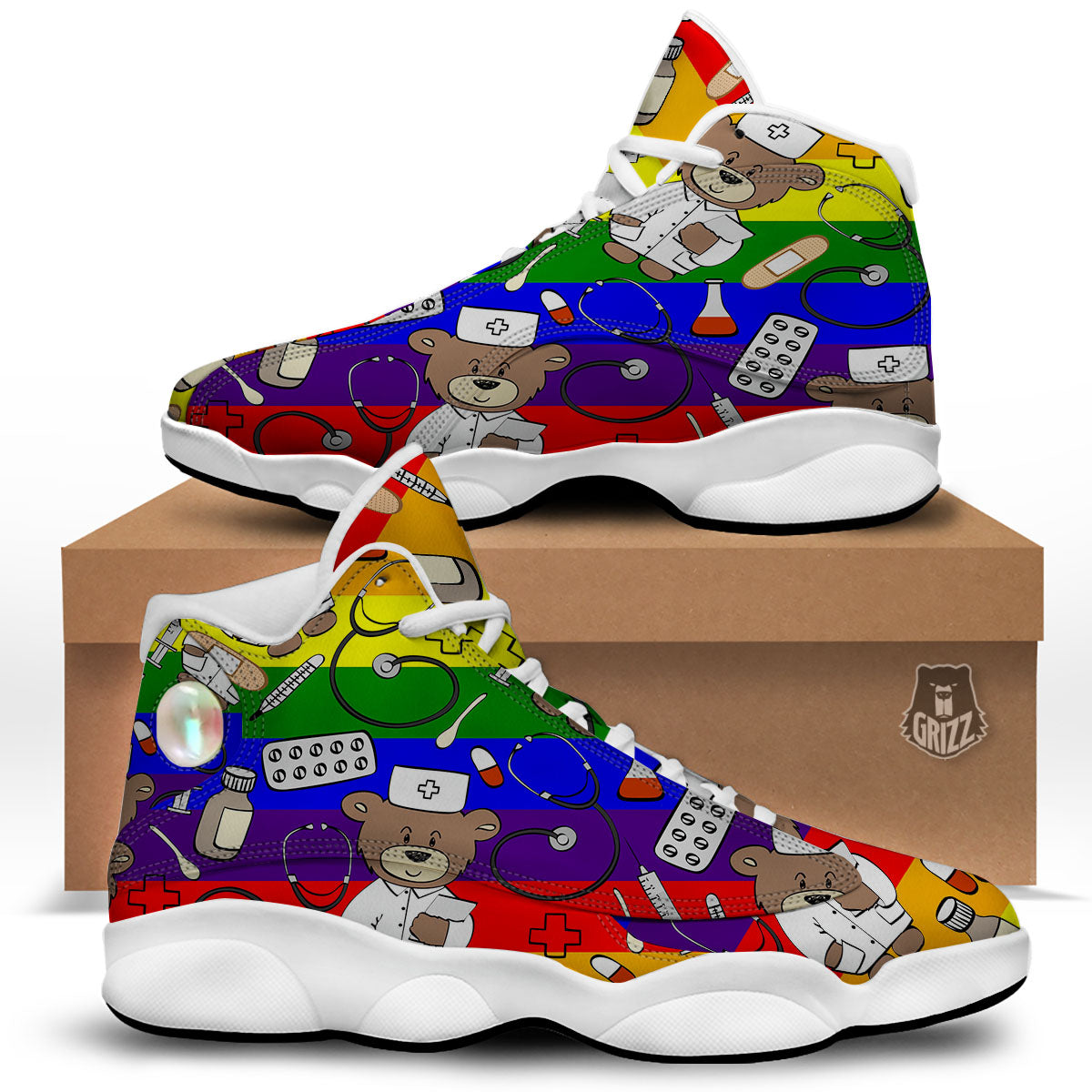 Rainbow Color LGBT Teddy Bear Nurse White Basketball Shoes-grizzshop