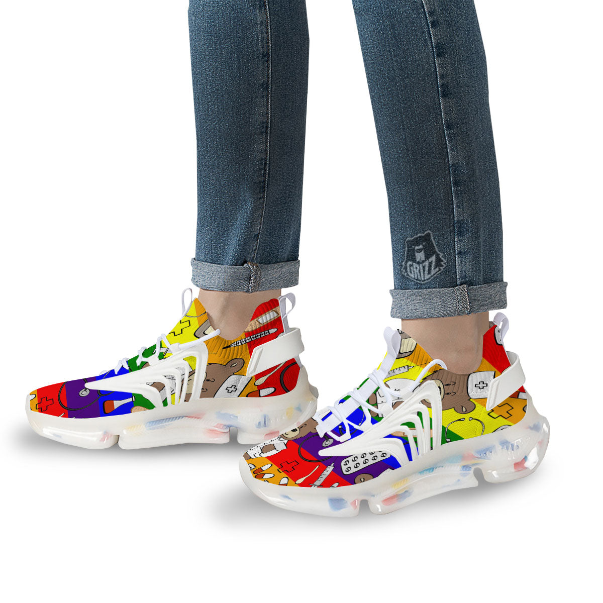 Rainbow Color LGBT Teddy Bear Nurse White Gym Shoes-grizzshop