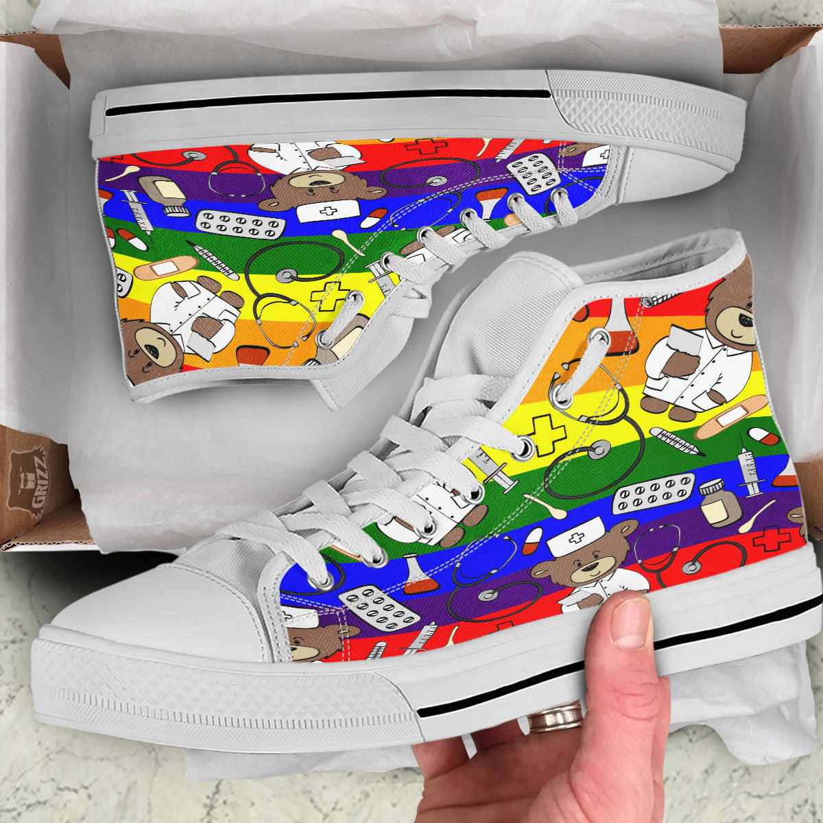 Rainbow Color LGBT Teddy Bear Nurse White High Top Shoes-grizzshop