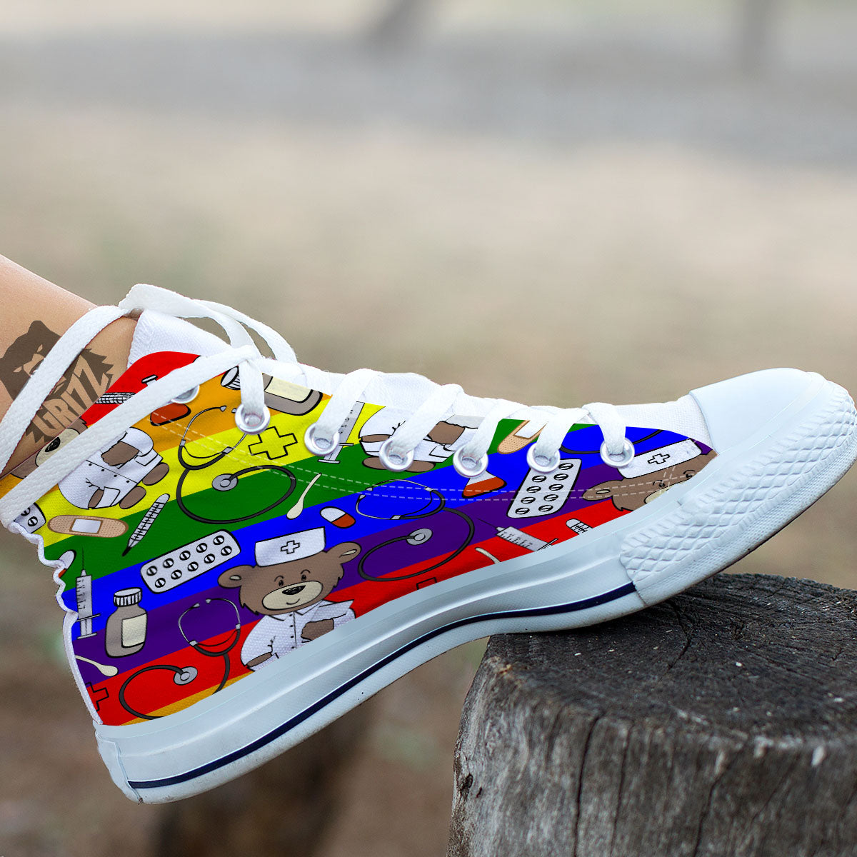 Rainbow Color LGBT Teddy Bear Nurse White High Top Shoes-grizzshop