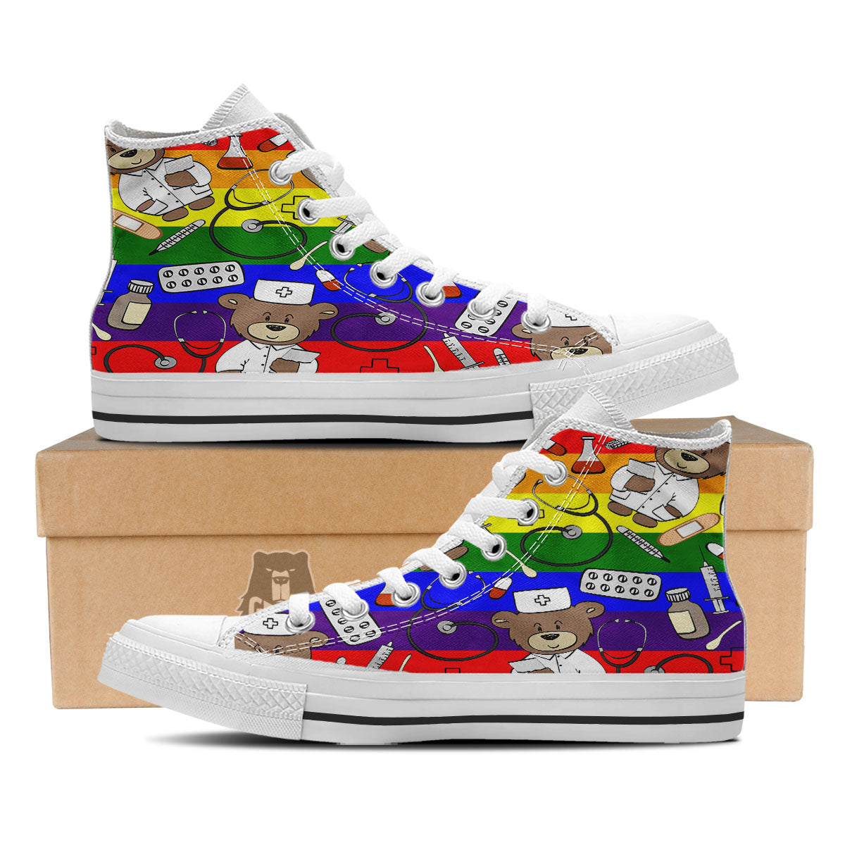 Rainbow Color LGBT Teddy Bear Nurse White High Top Shoes-grizzshop