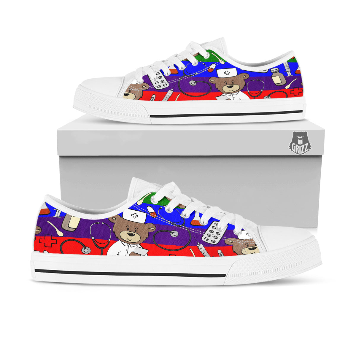 Rainbow Color LGBT Teddy Bear Nurse White Low Top Shoes-grizzshop