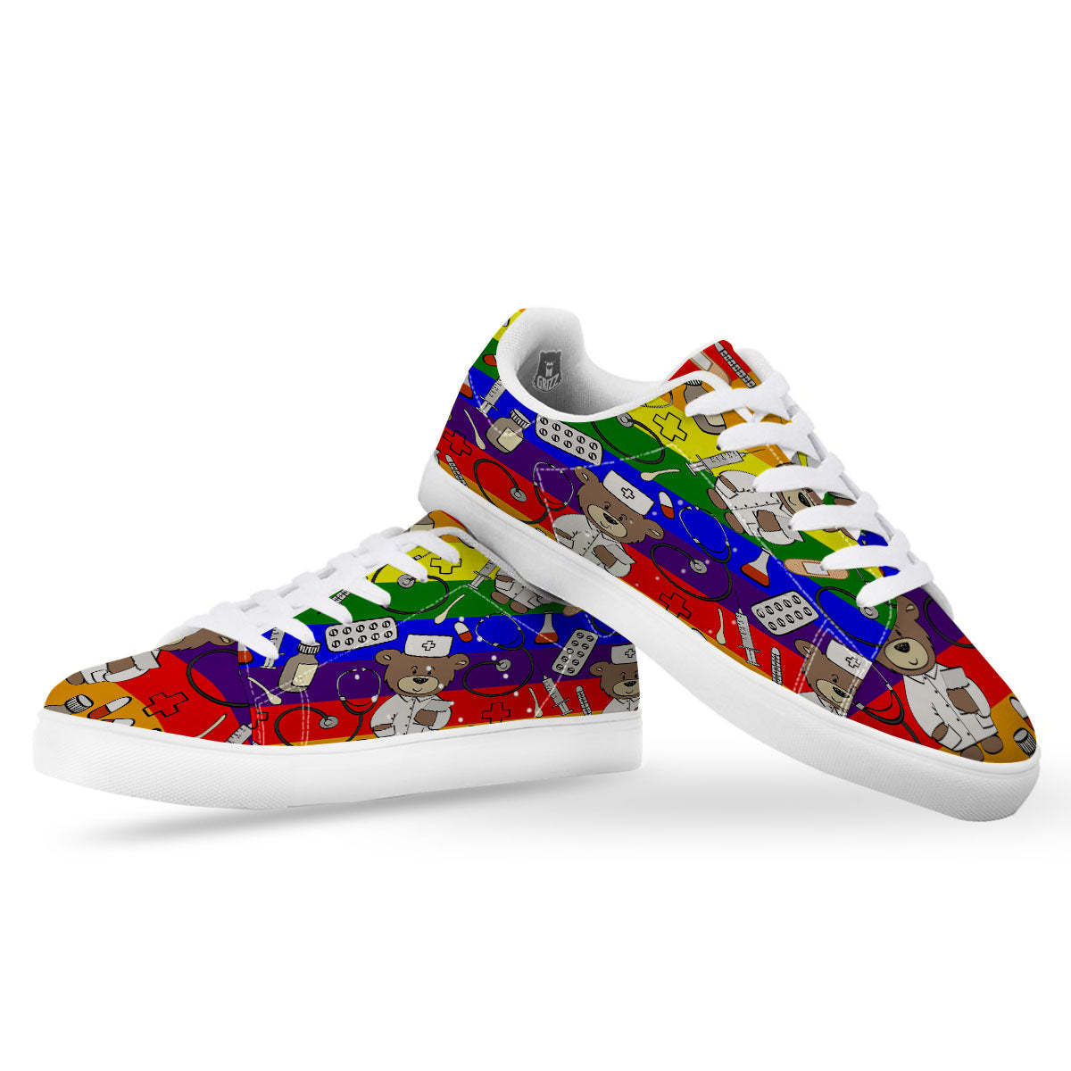 Rainbow Color LGBT Teddy Bear Nurse White Low Top Sneakers-grizzshop