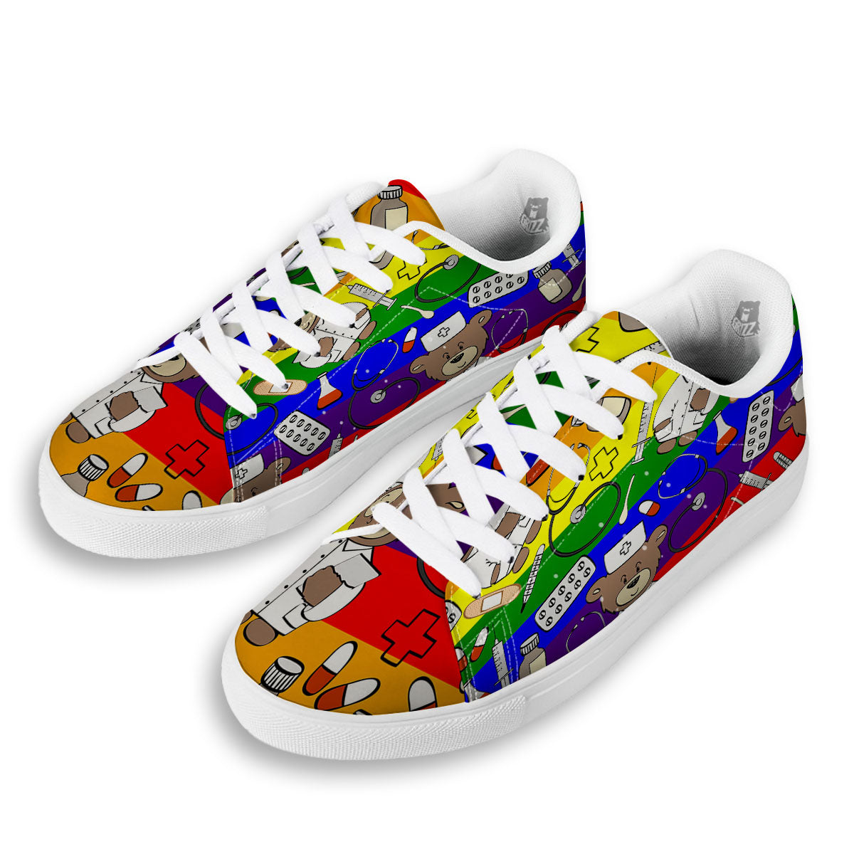 Rainbow Color LGBT Teddy Bear Nurse White Low Top Sneakers-grizzshop