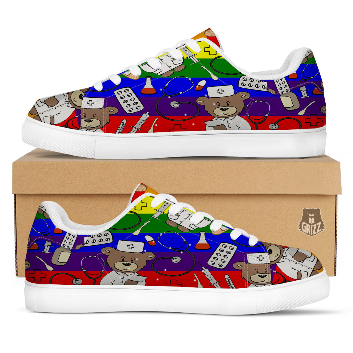 Rainbow Color LGBT Teddy Bear Nurse White Low Top Sneakers-grizzshop