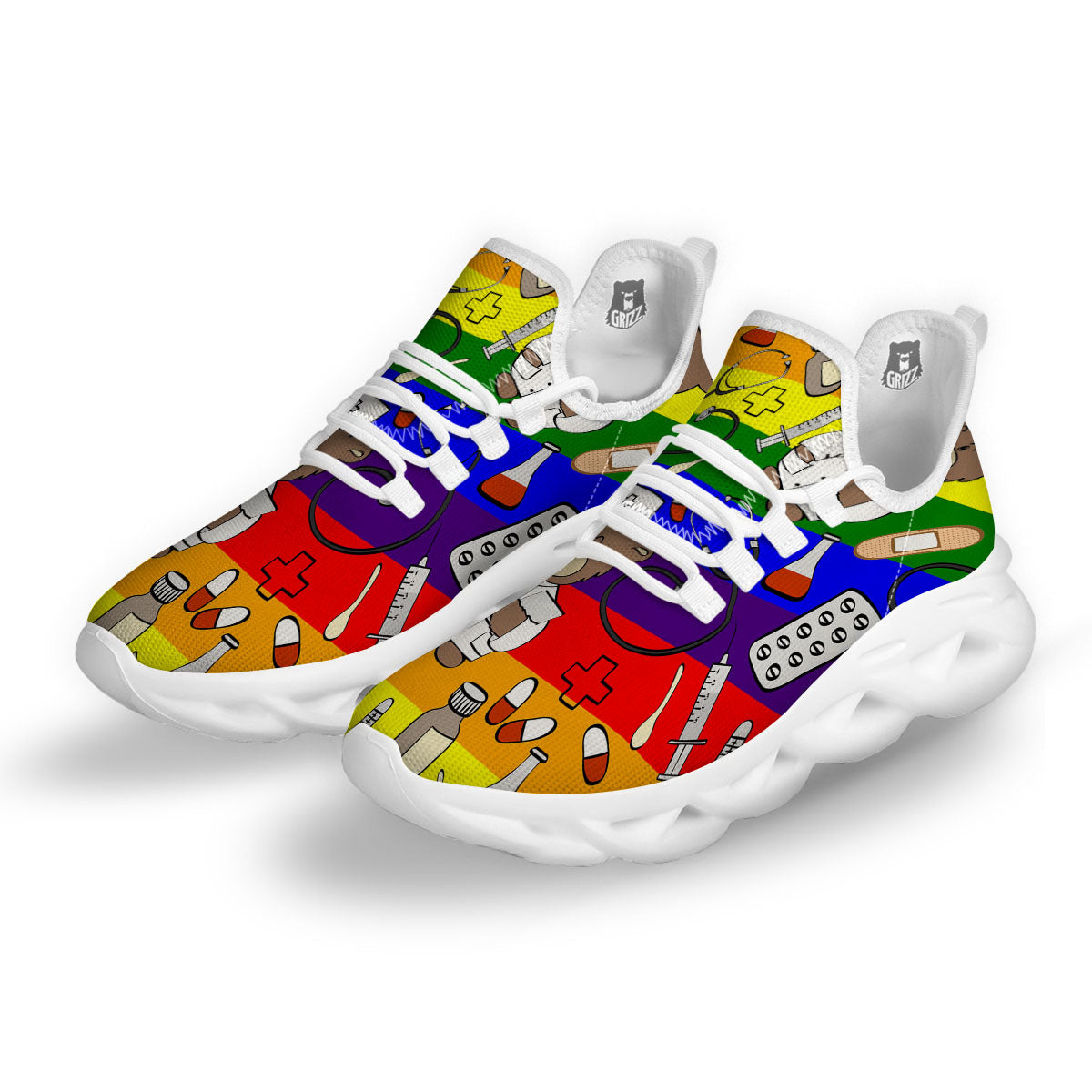 Rainbow Color LGBT Teddy Bear Nurse White Running Shoes-grizzshop