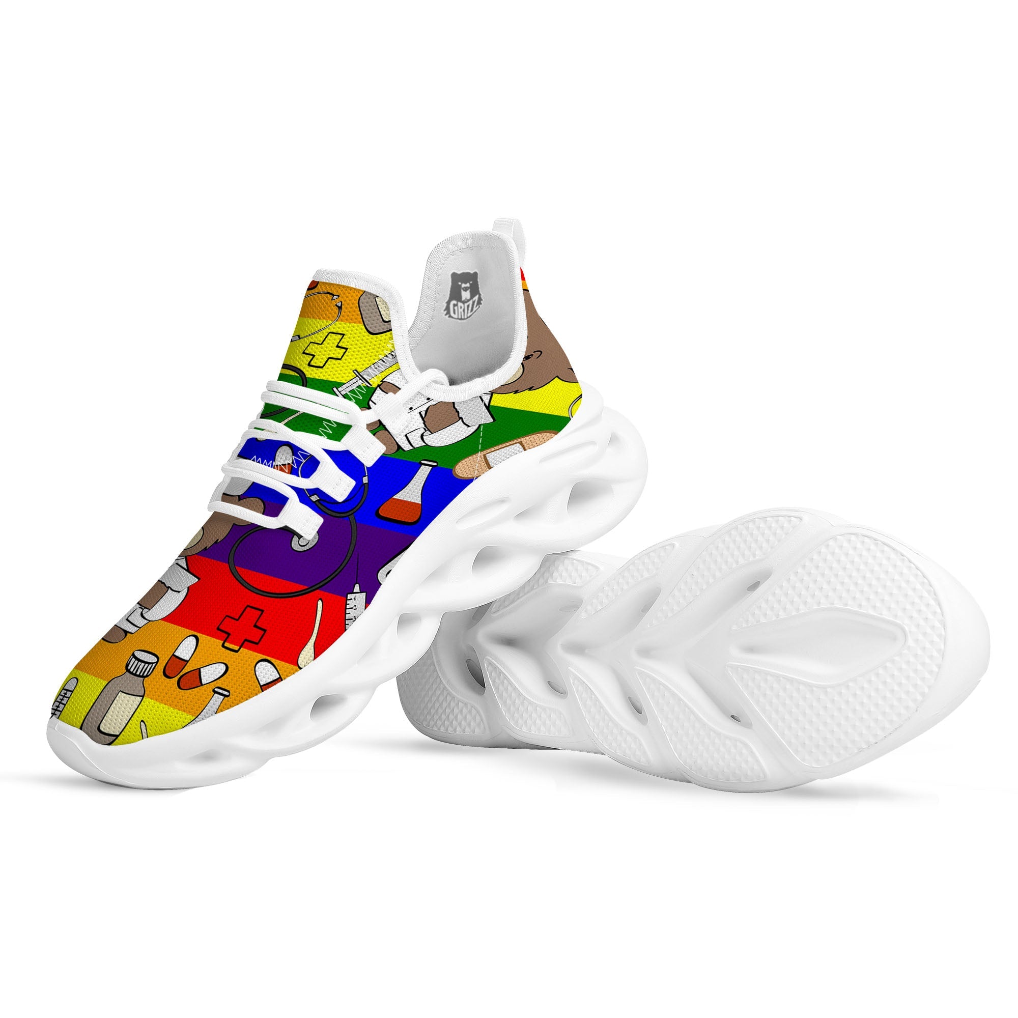 Rainbow Color LGBT Teddy Bear Nurse White Running Shoes-grizzshop