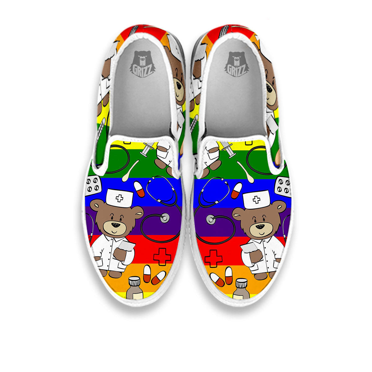 Rainbow Color LGBT Teddy Bear Nurse White Slip On Shoes-grizzshop