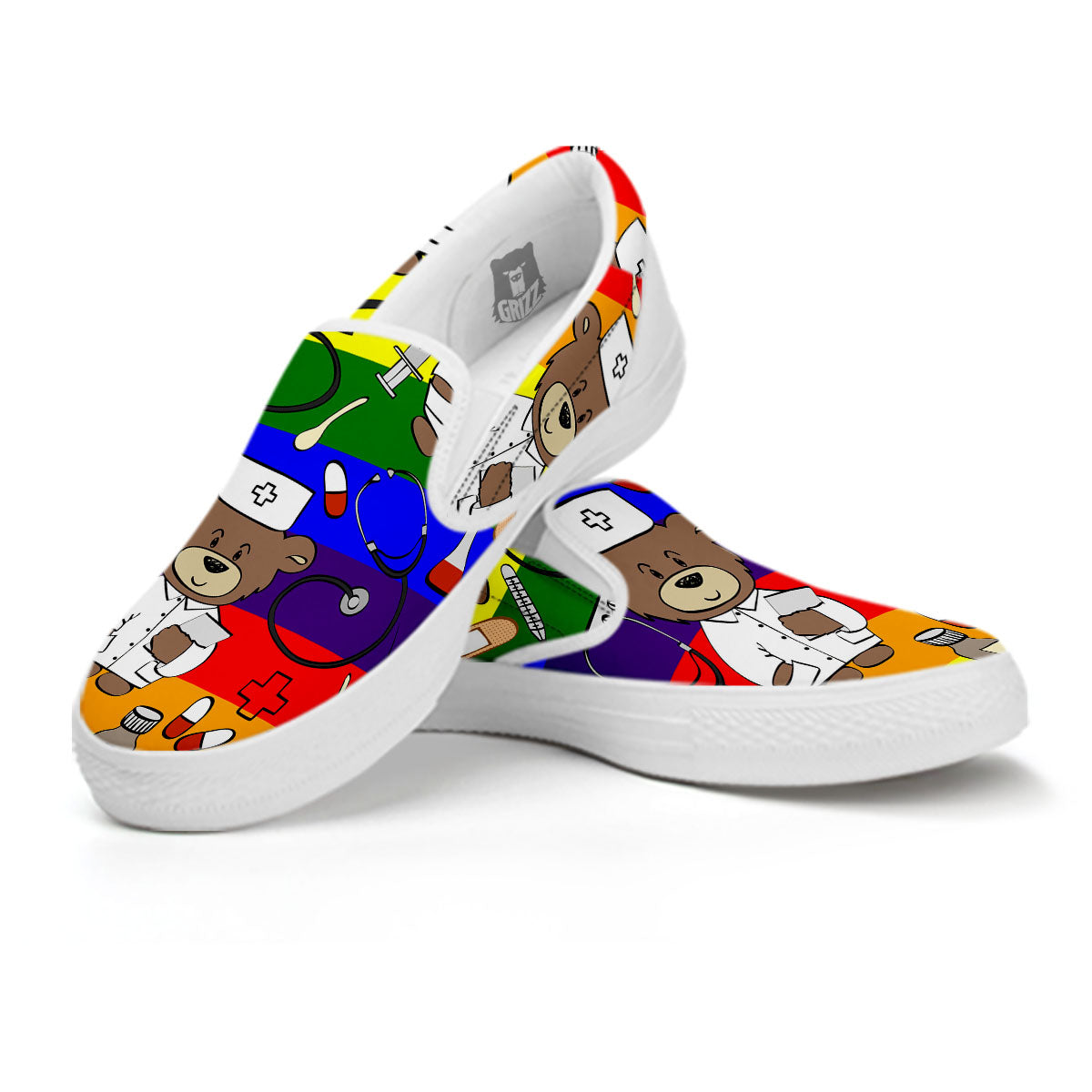 Rainbow Color LGBT Teddy Bear Nurse White Slip On Shoes-grizzshop