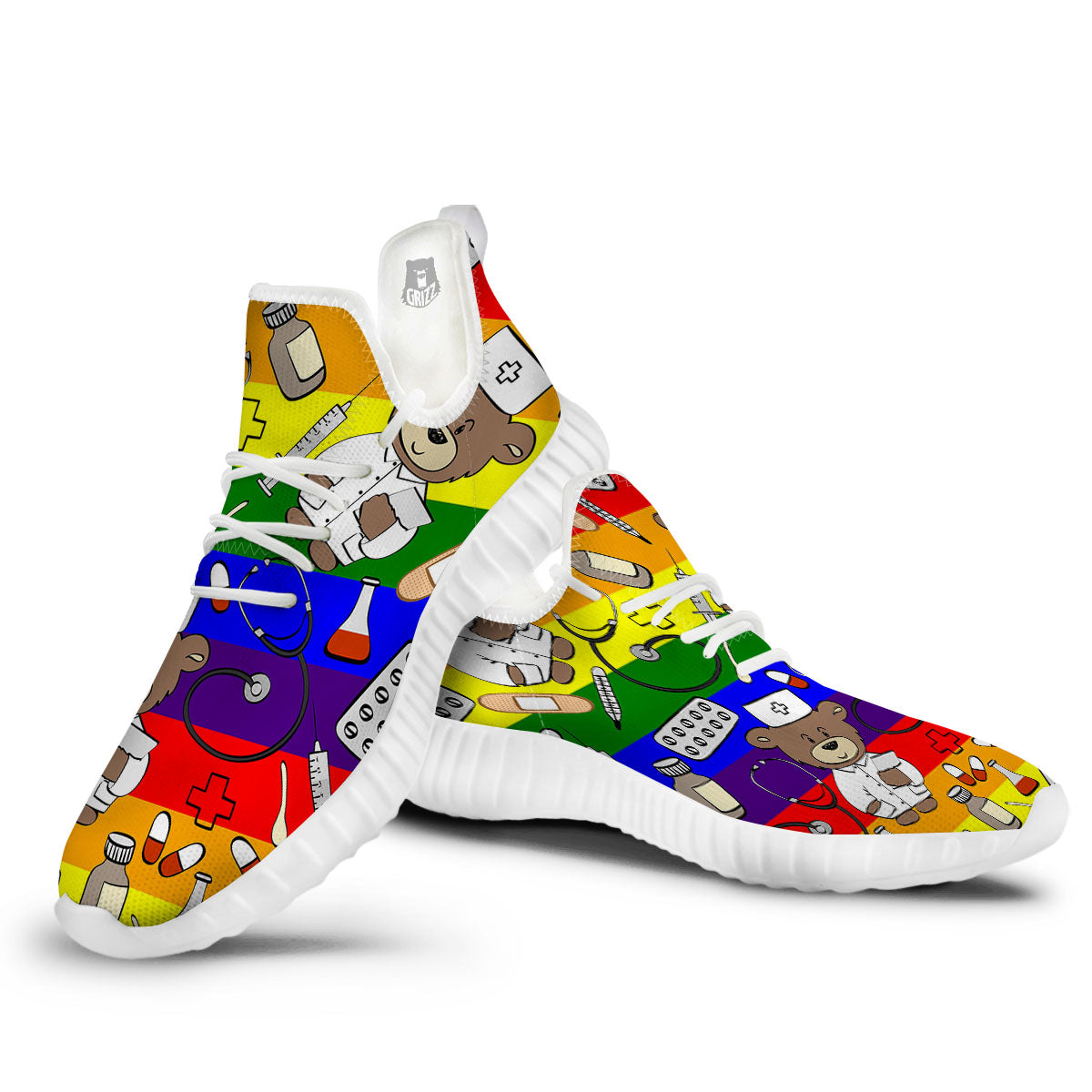 Rainbow Color LGBT Teddy Bear Nurse White Walking Shoes-grizzshop