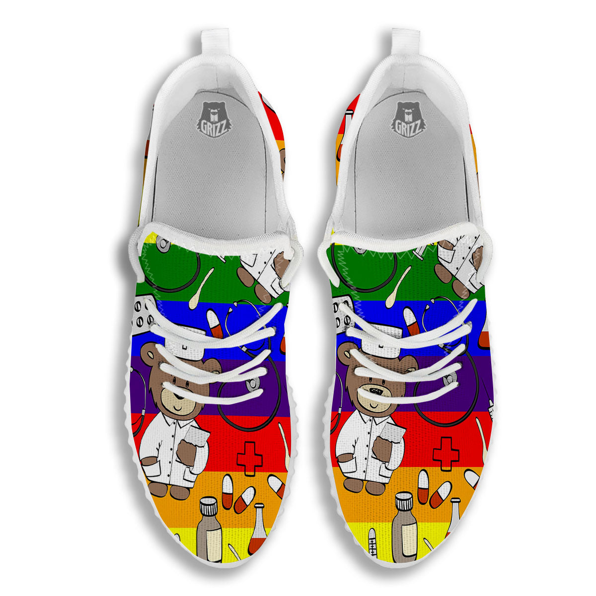 Rainbow Color LGBT Teddy Bear Nurse White Walking Shoes-grizzshop