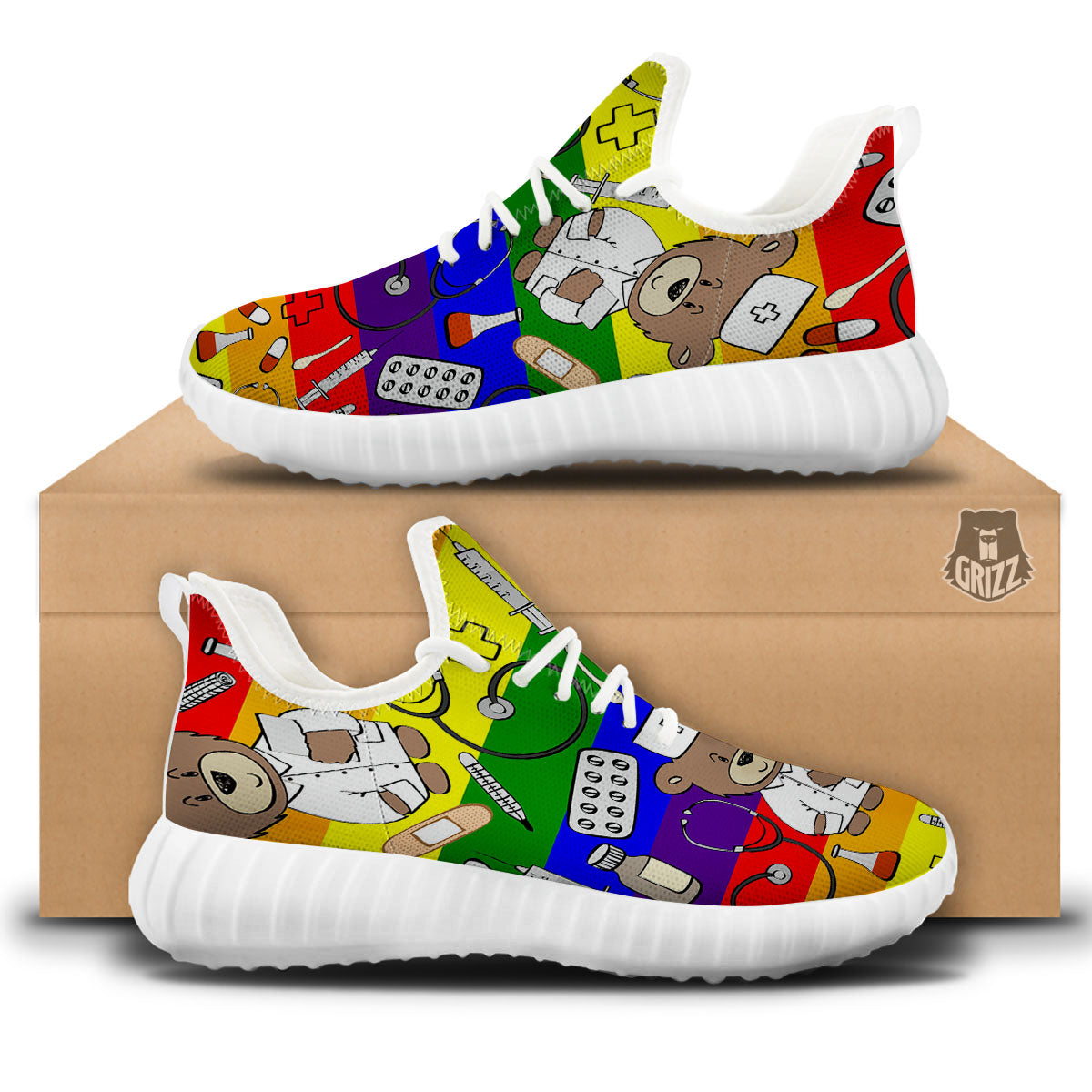 Rainbow Color LGBT Teddy Bear Nurse White Walking Shoes-grizzshop