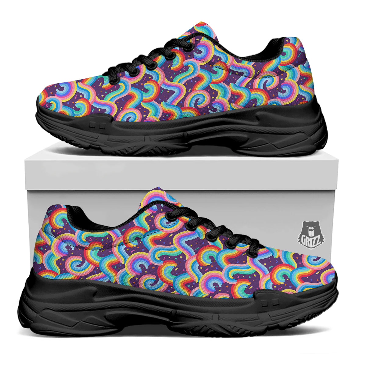 Rainbow Colorful Cute Print Pattern Black Chunky Shoes-grizzshop