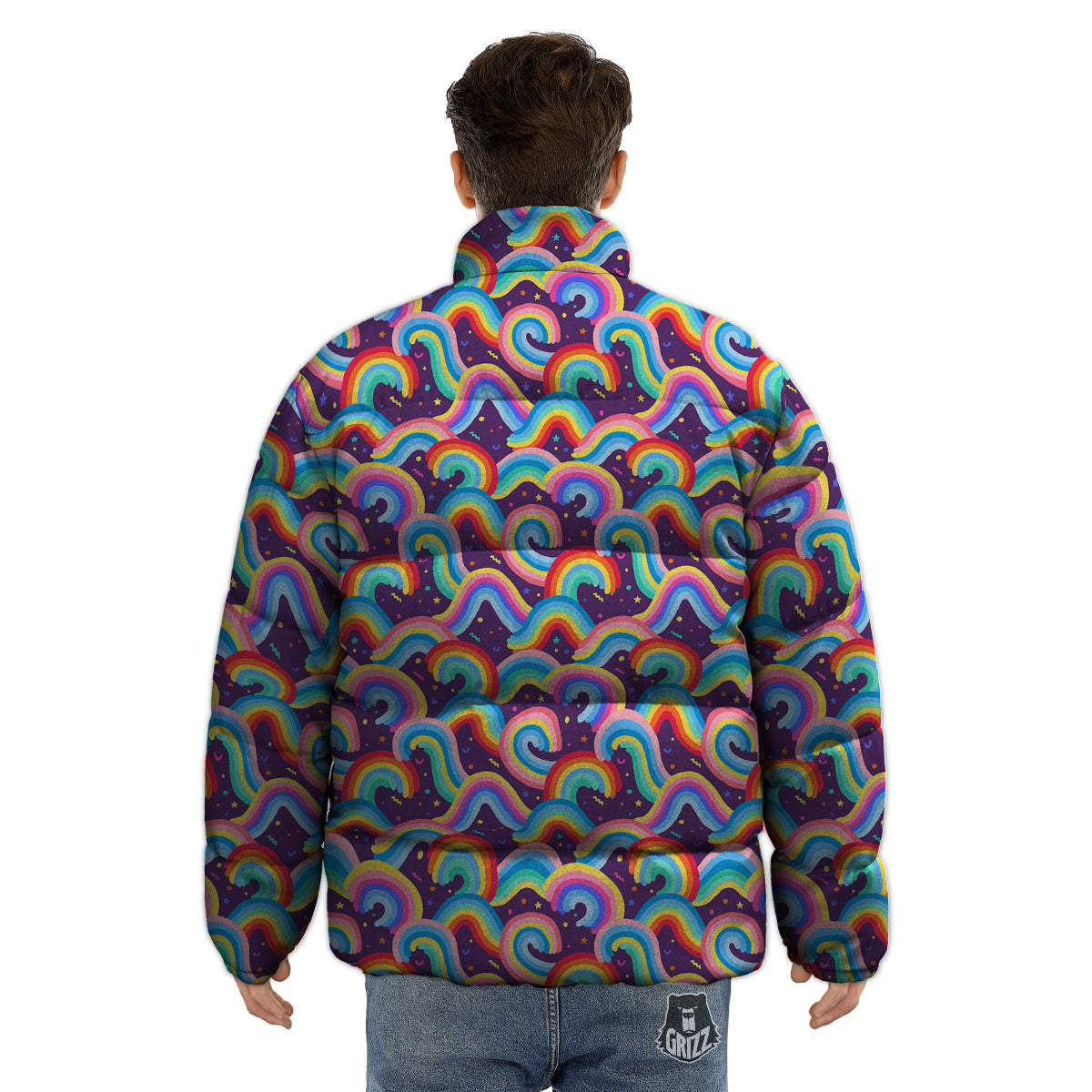 Rainbow Colorful Cute Print Pattern Puffer Jacket-grizzshop