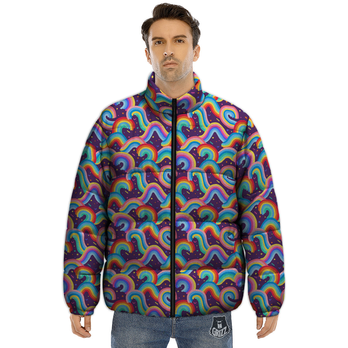 Rainbow Colorful Cute Print Pattern Puffer Jacket-grizzshop