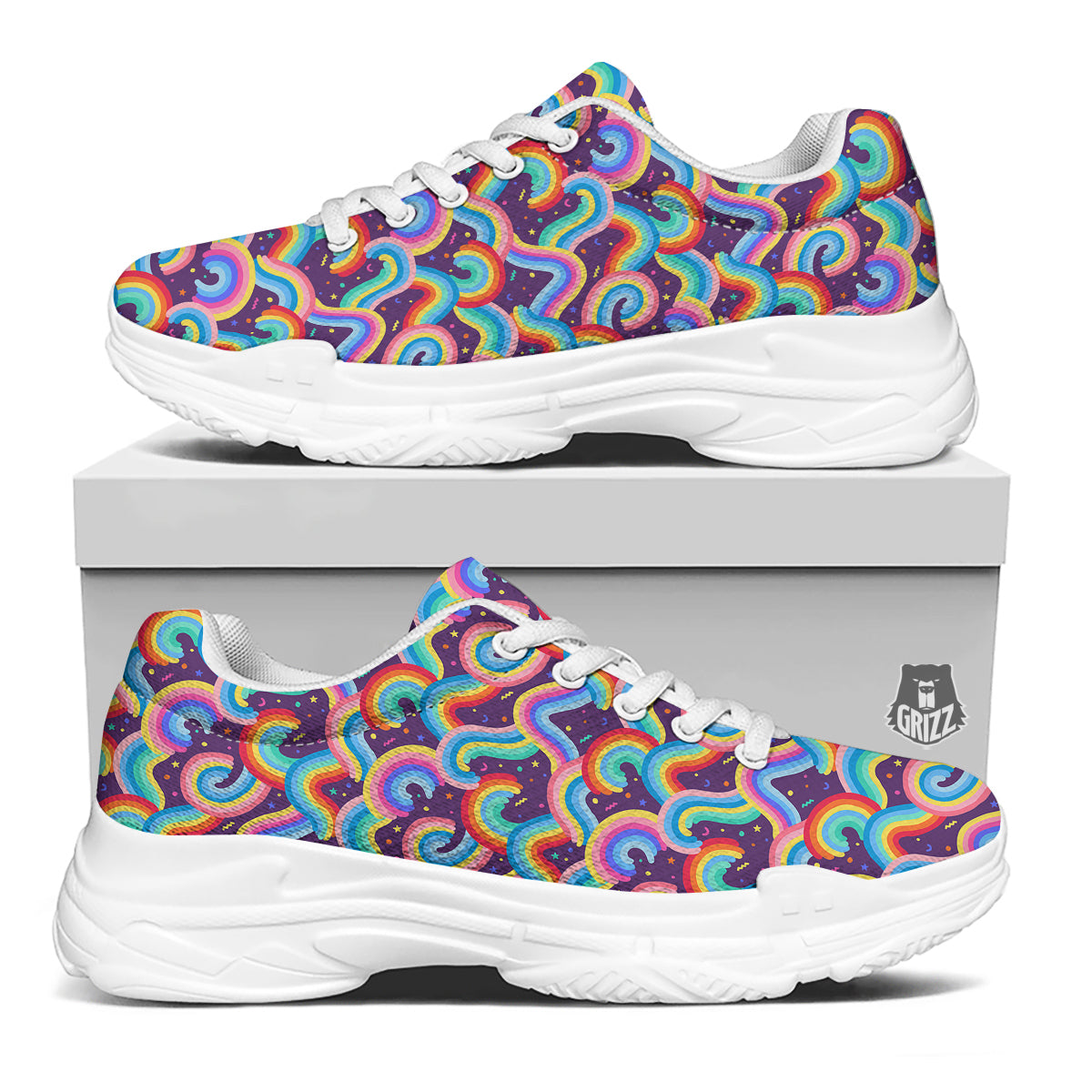 Rainbow Colorful Cute Print Pattern White Chunky Shoes-grizzshop