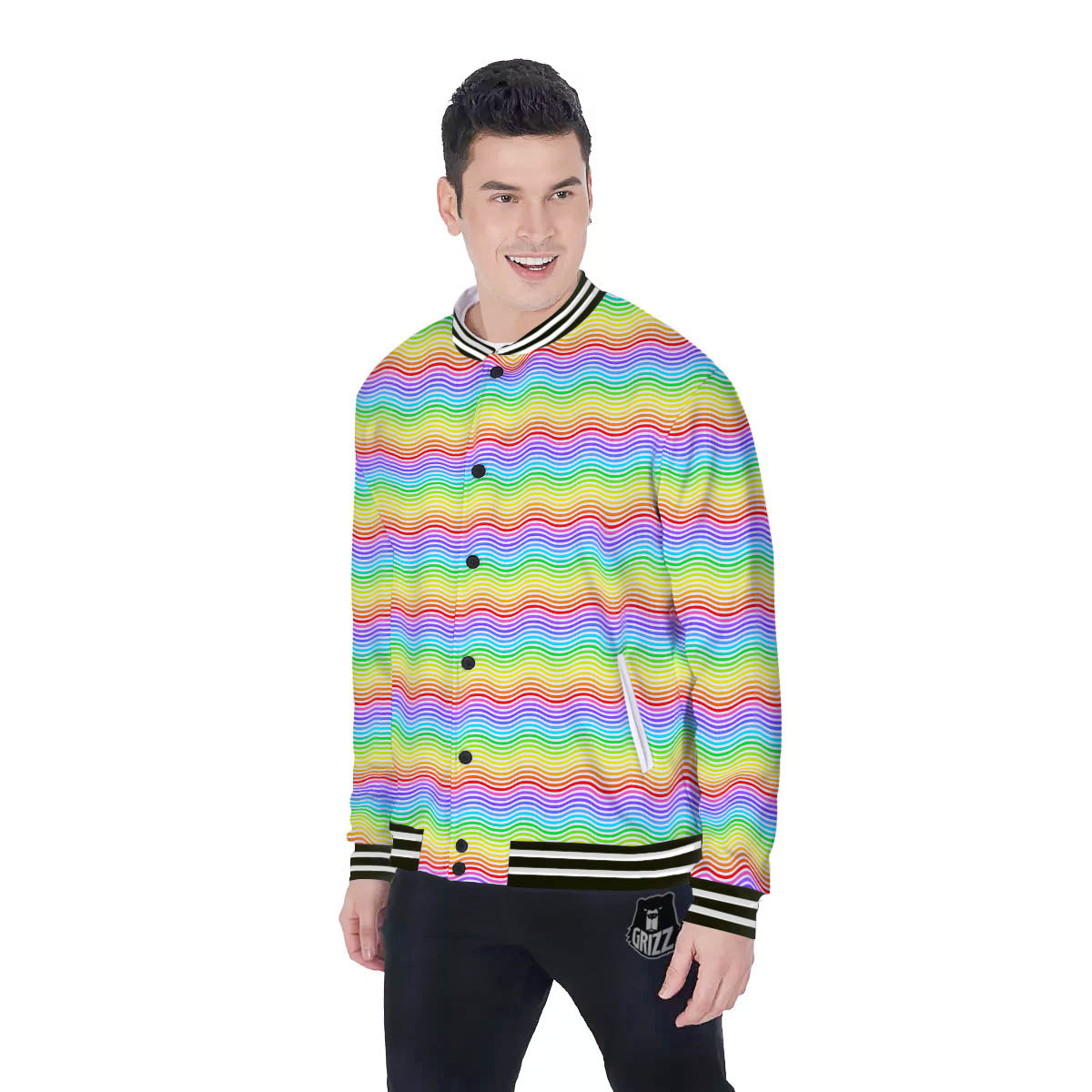 Rainbow Curved Print Pattern Baseball Jacket-grizzshop
