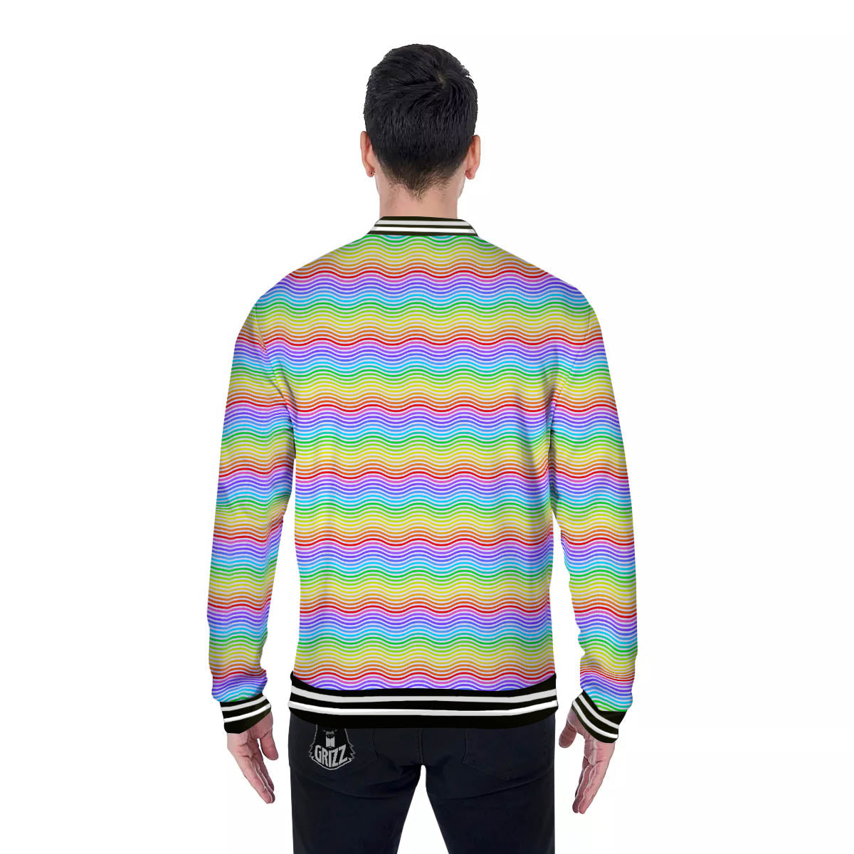 Rainbow Curved Print Pattern Baseball Jacket-grizzshop