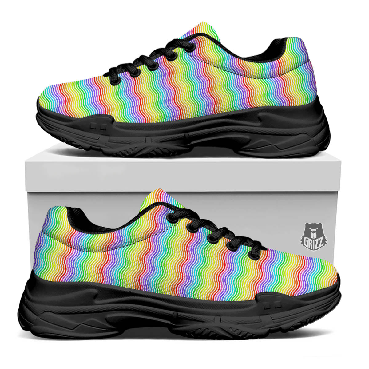 Rainbow Curved Print Pattern Black Chunky Shoes-grizzshop