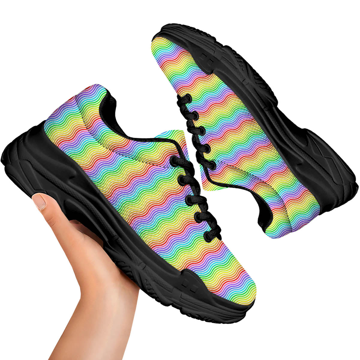 Rainbow Curved Print Pattern Black Chunky Shoes-grizzshop