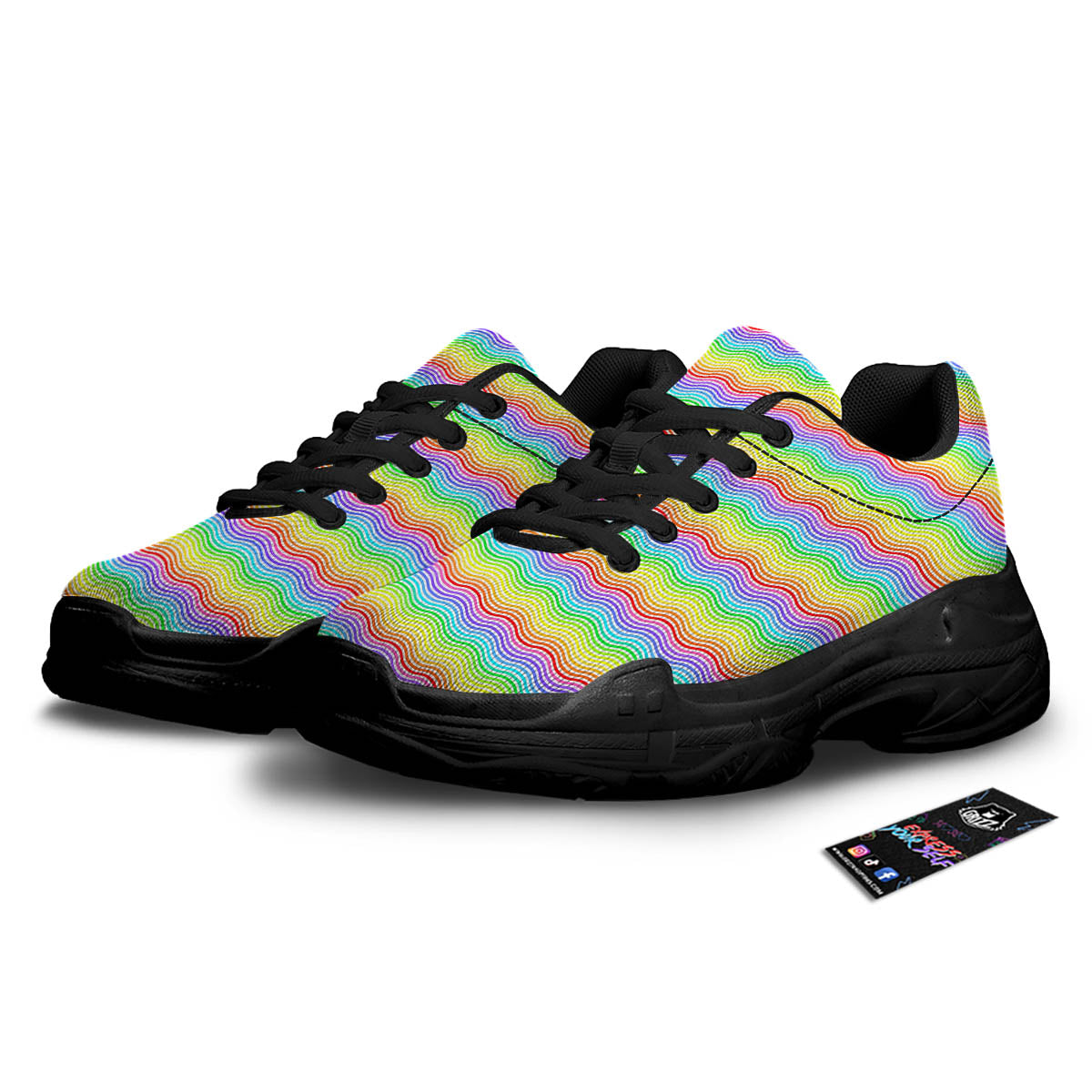 Rainbow Curved Print Pattern Black Chunky Shoes-grizzshop