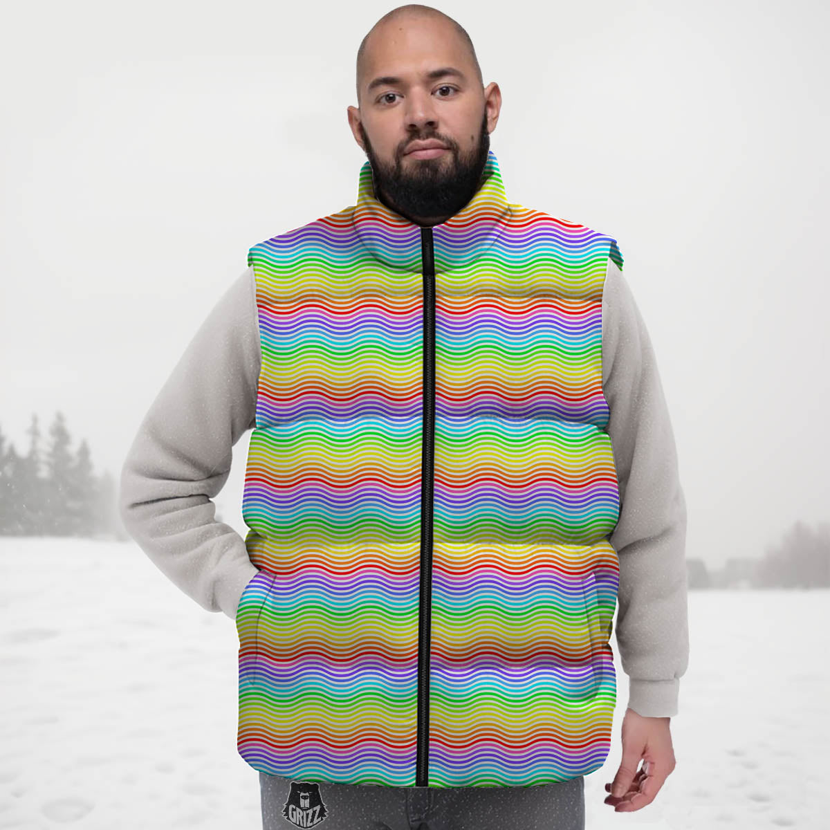 Rainbow Curved Print Pattern Down Vest